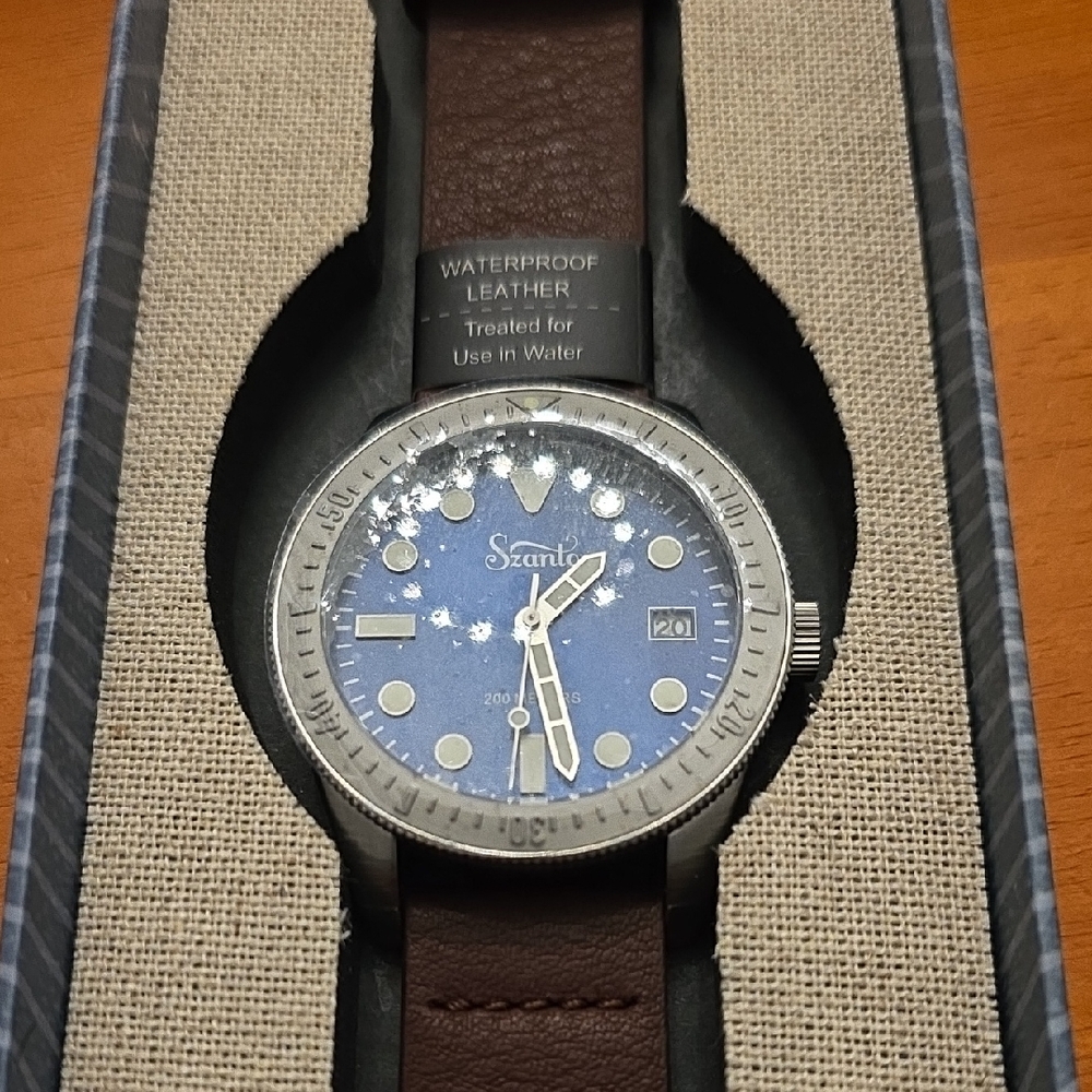 Men's Blue and Brown Leather Watch